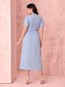 Mulvari Frill Mock Neck Puff Sleeve Ruched Waist Dress - Baby Blue - View 2