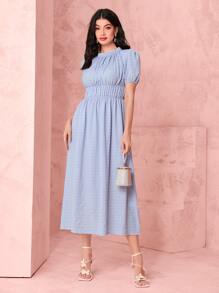 Mulvari Frill Mock Neck Puff Sleeve Ruched Waist Dress - Baby Blue - View 3