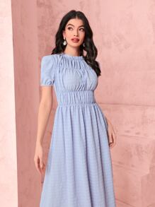 Mulvari Frill Mock Neck Puff Sleeve Ruched Waist Dress - Baby Blue - View 5