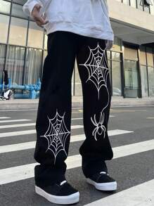 Manfinity Roghcode Quần ống đứng in họa tiết mạng nhện cho nam, Halloween - màu đen - Xem 1