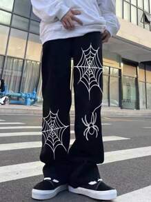 Manfinity Roghcode Quần ống đứng in họa tiết mạng nhện cho nam, Halloween - màu đen - Xem 5