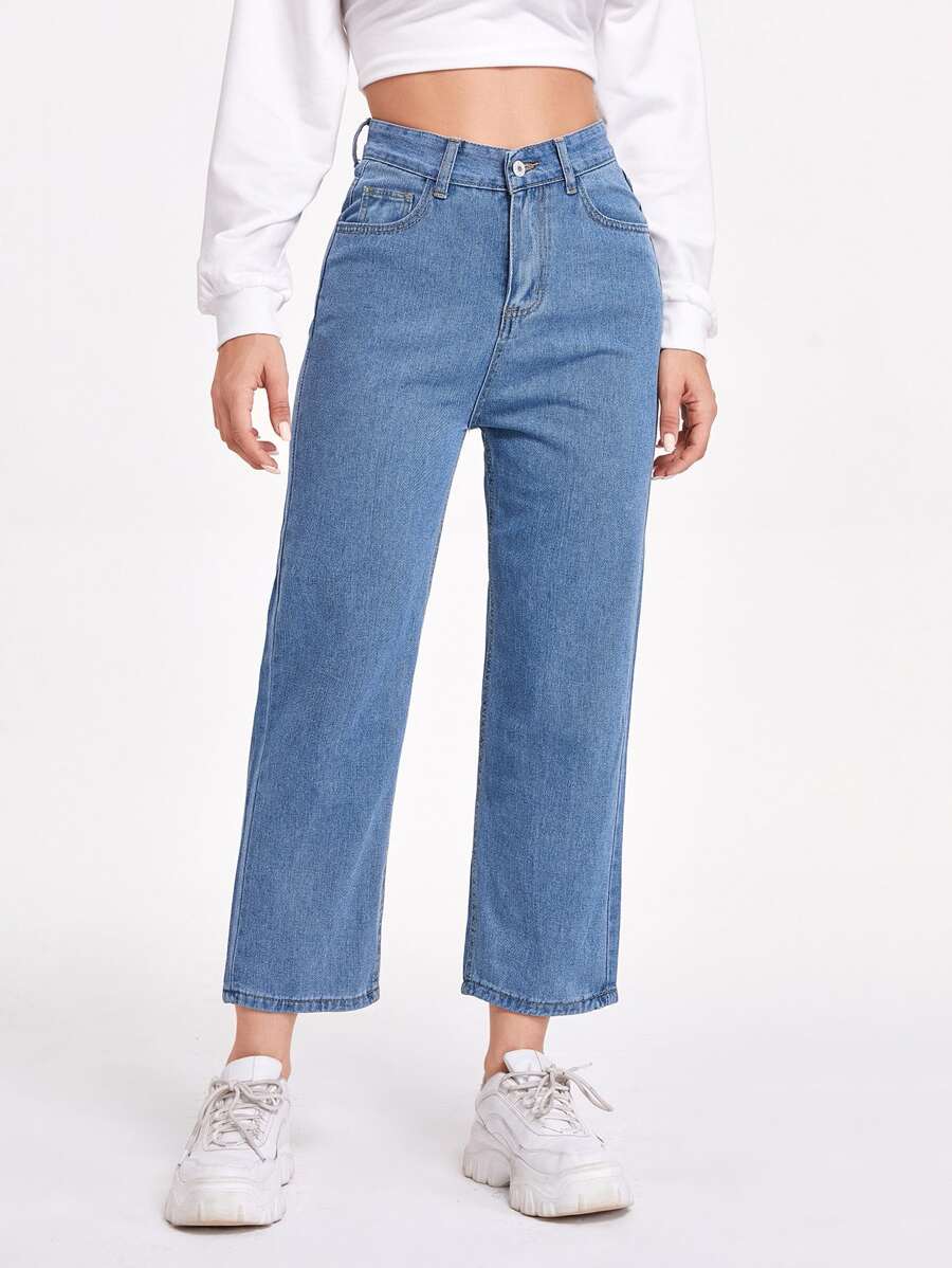 SHEIN Frenchy Solid Pocket Detail Cropped Mom Jeans - Light Wash - View 1