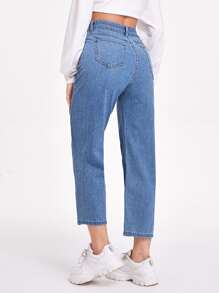 SHEIN Frenchy Solid Pocket Detail Cropped Mom Jeans - Light Wash - View 2