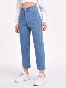 SHEIN Frenchy Solid Pocket Detail Cropped Mom Jeans - Light Wash - View 3