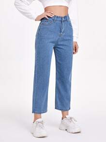 SHEIN Frenchy Solid Pocket Detail Cropped Mom Jeans - Light Wash - View 4
