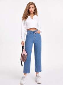 SHEIN Frenchy Solid Pocket Detail Cropped Mom Jeans - Light Wash - View 5
