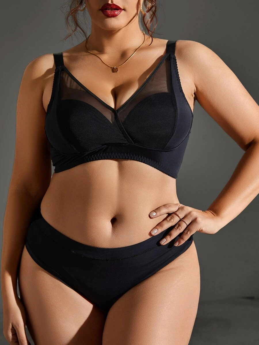 Plus Contrast Mesh Underwire Lingerie Set - Black - View 1