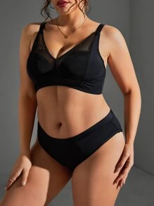 Plus Contrast Mesh Underwire Lingerie Set - Black - View 3