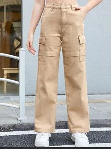 SHEIN 青少年女孩翻蓋口袋工裝牛仔褲