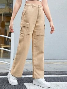 SHEIN 青少年女孩翻蓋口袋工裝牛仔褲