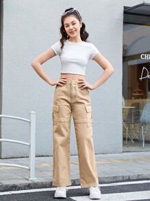 SHEIN 青少年女孩翻蓋口袋工裝牛仔褲