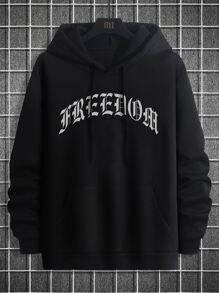 Manfinity Men Plus Letter Graphic Kangaroo Pocket Drawstring Hooded Sweatshirt - Black - View 1