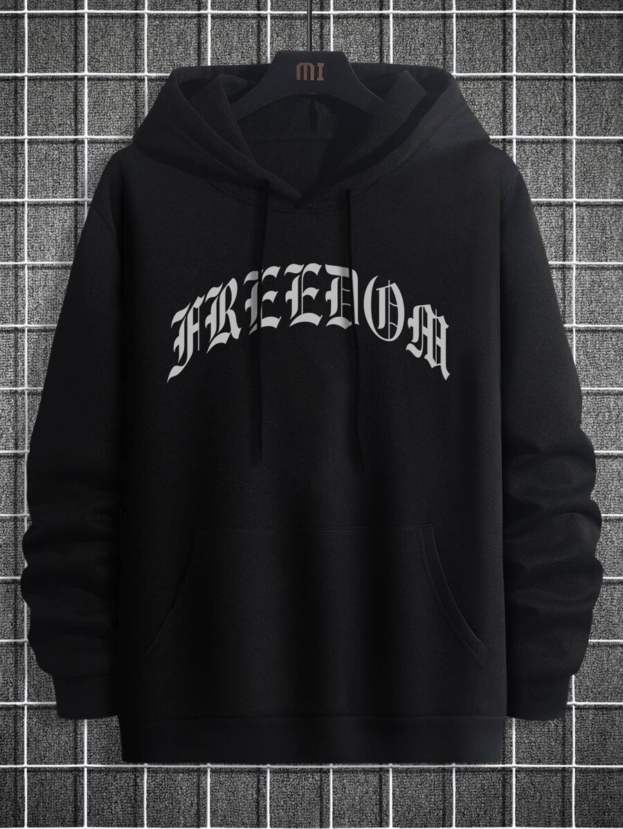 Manfinity Men Plus Letter Graphic Kangaroo Pocket Drawstring Hooded Sweatshirt - Black - View 1