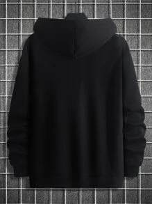 Manfinity Men Plus Letter Graphic Kangaroo Pocket Drawstring Hooded Sweatshirt - Black - View 2