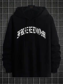 Manfinity Men Plus Letter Graphic Kangaroo Pocket Drawstring Hooded Sweatshirt - Black - View 6