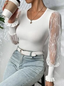 SHEIN Essnce Jersey con encaje en contraste de manga farol ribete con fruncido - Blanco - Ver 1