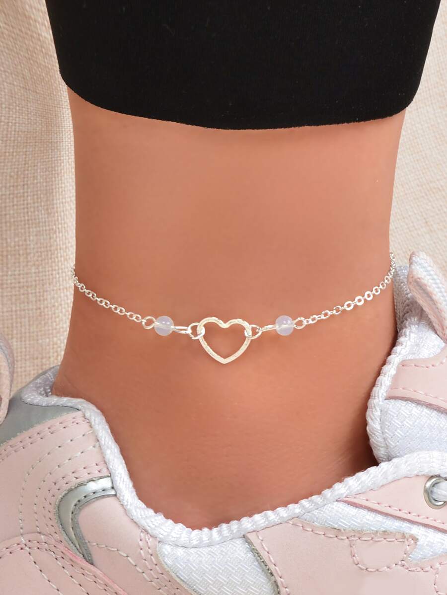 Tobillera decorada con cuentas y corazones, regalo para san Valentín, mamá, madre, Día de la Madre - Plateado - Ver 1