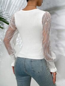 SHEIN Essnce Jersey con encaje en contraste de manga farol ribete con fruncido - Blanco - Ver 2