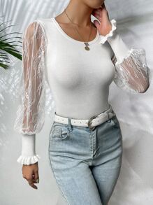 SHEIN Essnce Jersey con encaje en contraste de manga farol ribete con fruncido - Blanco - Ver 4