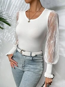 SHEIN Essnce Jersey con encaje en contraste de manga farol ribete con fruncido - Blanco - Ver 5