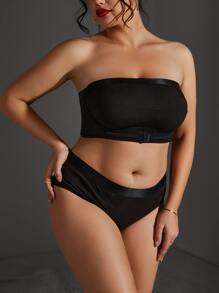 Plus Plain Bandeau Lingerie Set - Black - View 4