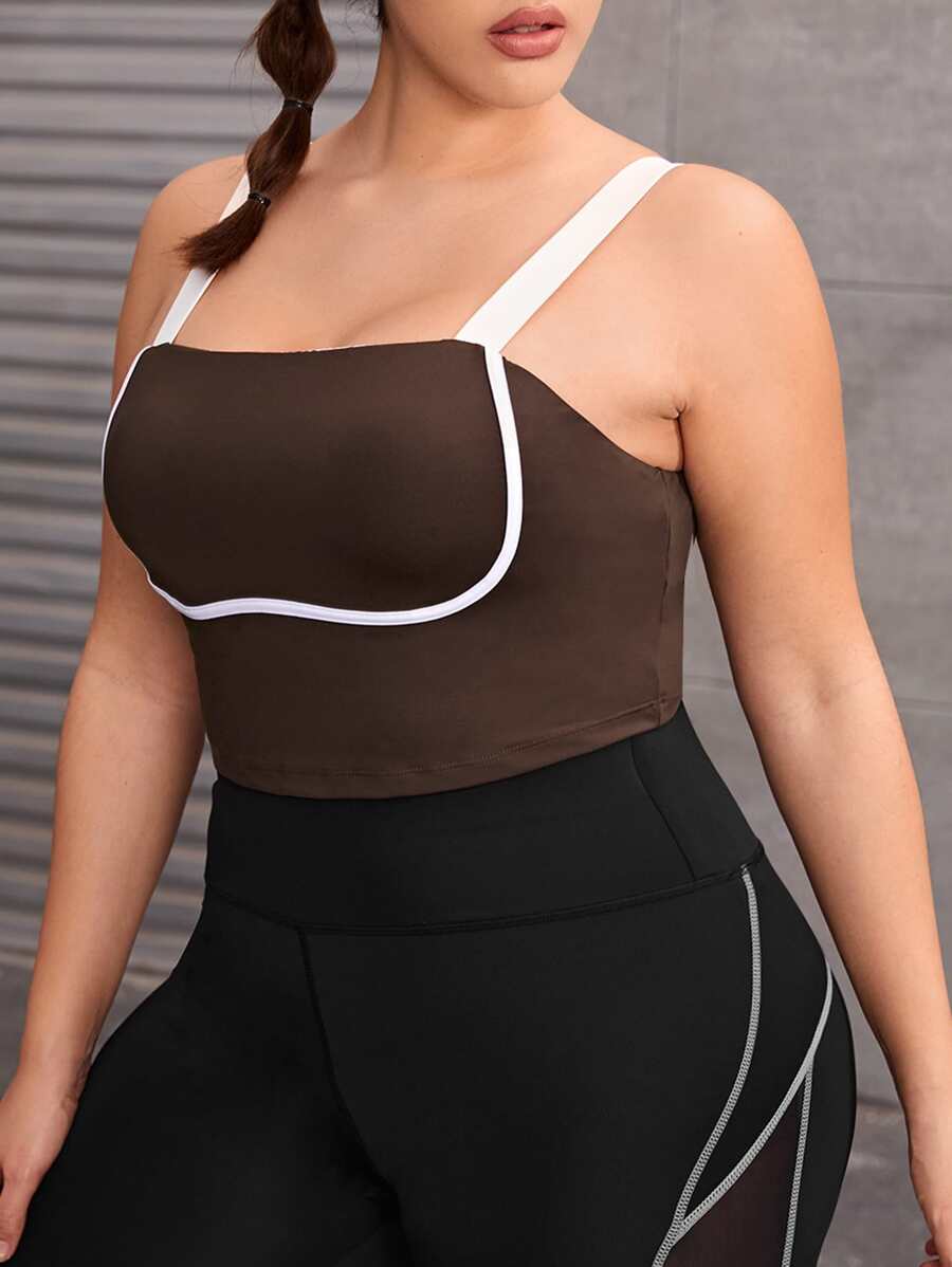 Plus Contrast Trim Cami Sports Bra - Chocolate Brown - View 1
