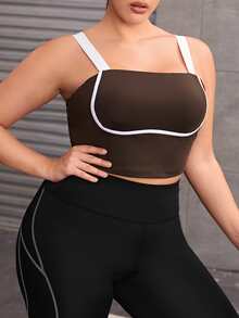 Plus Contrast Trim Cami Sports Bra - Chocolate Brown - View 5