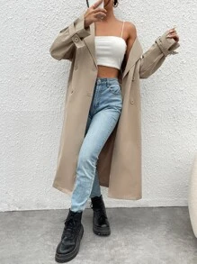 SHEIN EZwear Drop Shoulder Double Breasted Belted Trench Coat - Khaki - View 1