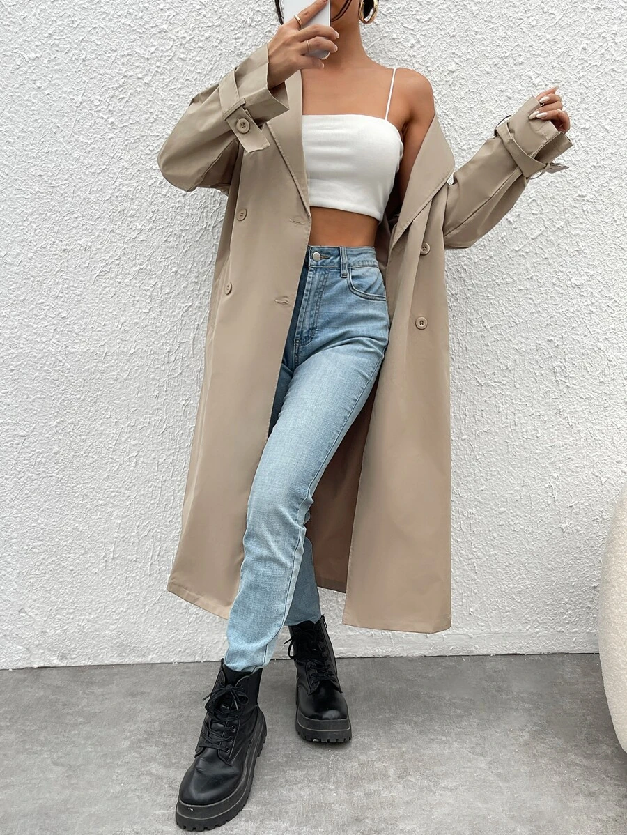 SHEIN EZwear Drop Shoulder Double Breasted Belted Trench Coat - Khaki - View 1