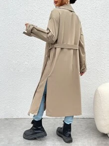 SHEIN EZwear Drop Shoulder Double Breasted Belted Trench Coat - Khaki - View 2