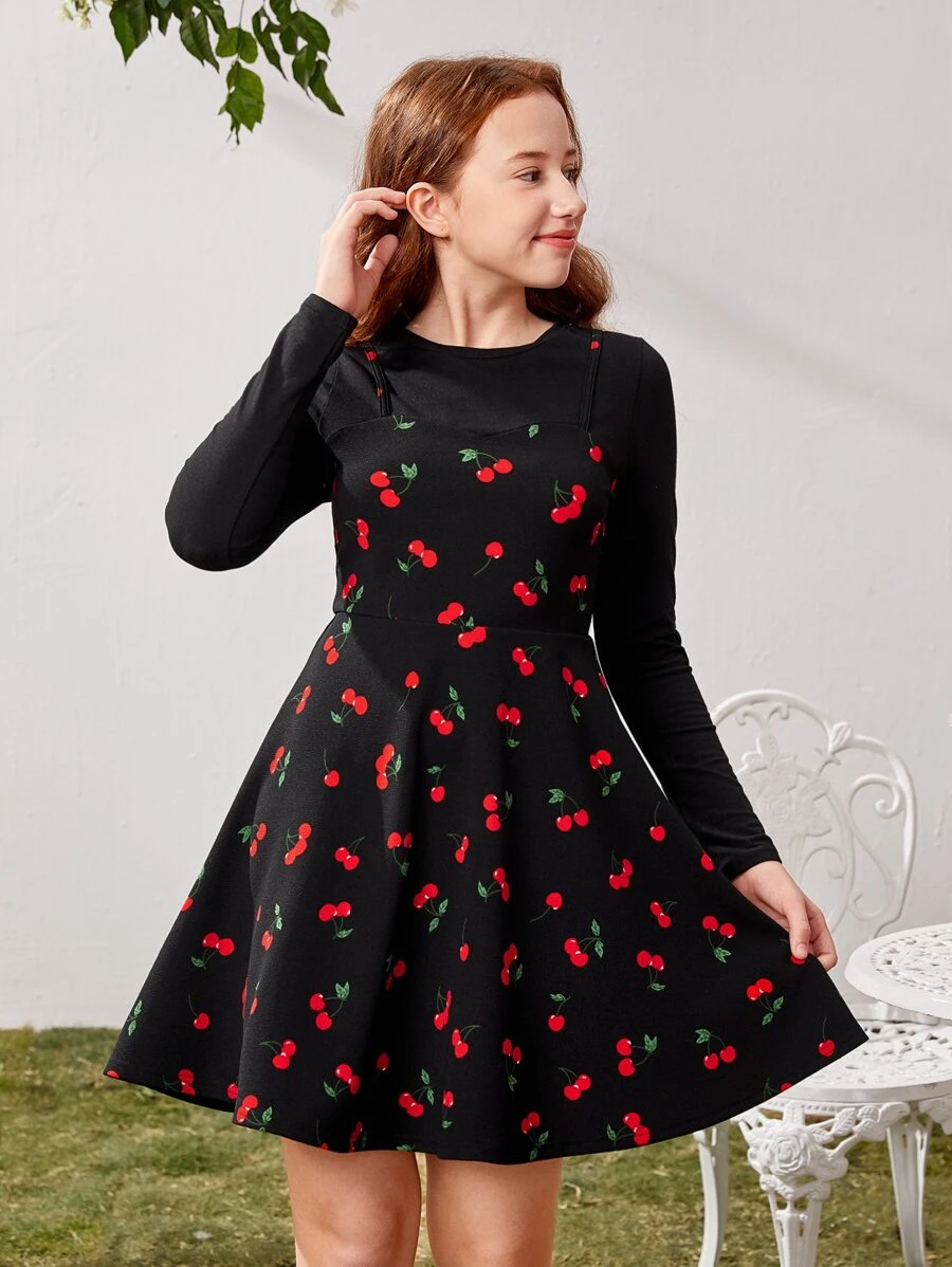 SHEIN Teen Girls Cherry Print 2 In 1 Dress - Black - View 1