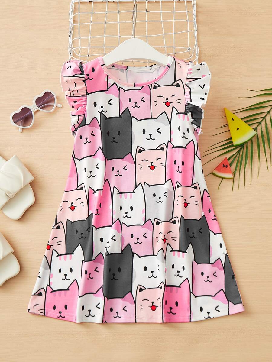 SHEIN Young Girl Cartoon Graphic Ruffle Trim Dress - Multicolor - View 1