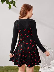 SHEIN Teen Girls Cherry Print 2 In 1 Dress - Black - View 2