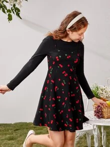 SHEIN Teen Girls Cherry Print 2 In 1 Dress - Black - View 4