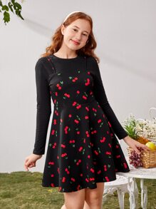 SHEIN Teen Girls Cherry Print 2 In 1 Dress - Black - View 5