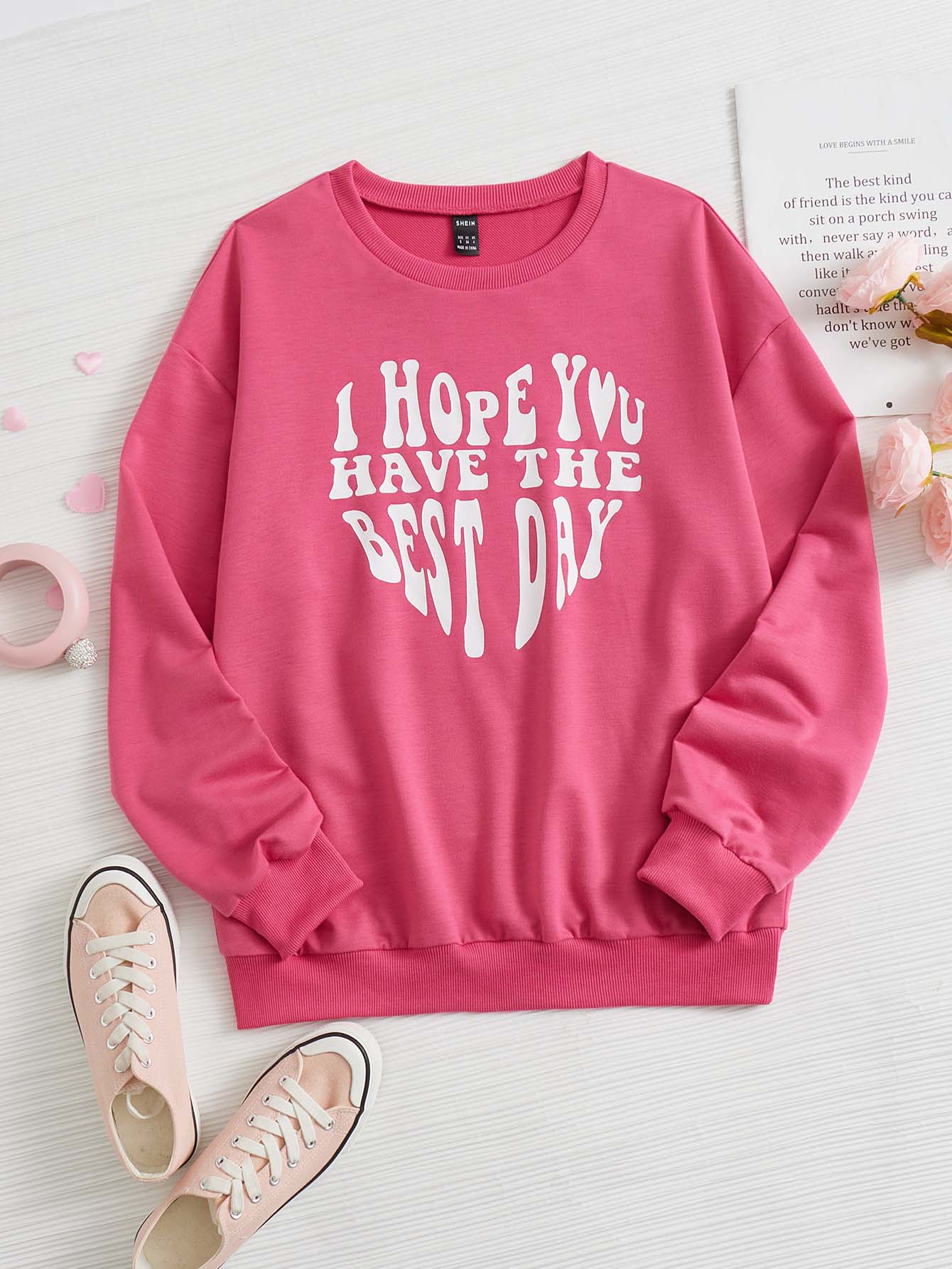 SHEIN LUNE Slogan Graphic Drop Shoulder Sweatshirt - Hot Pink - View 1