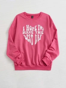 SHEIN LUNE Slogan Graphic Drop Shoulder Sweatshirt - Hot Pink - View 3