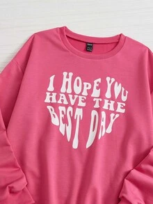 SHEIN LUNE Slogan Graphic Drop Shoulder Sweatshirt - Hot Pink - View 4