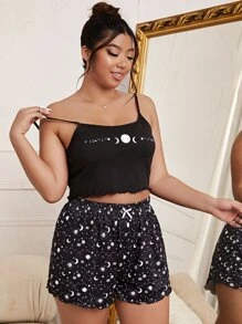 Plus Galaxy Print Lettuce Trim PJ Set - Black - View 5