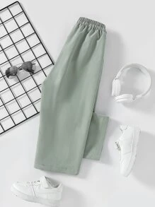 SHEIN 男孩腰部抽繩長褲 - 綠色 - 查看 2