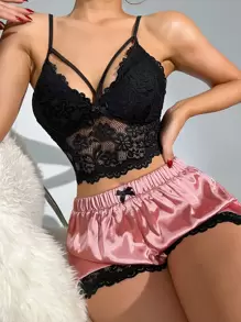 Floral Lace Bow Front Satin PJ Set / Pajama Set Bow Tie