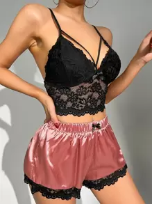 Floral Lace Bow Front Satin PJ Set / Pajama Set Bow Tie