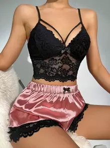 Floral Lace Bow Front Satin PJ Set / Pajama Set Bow Tie