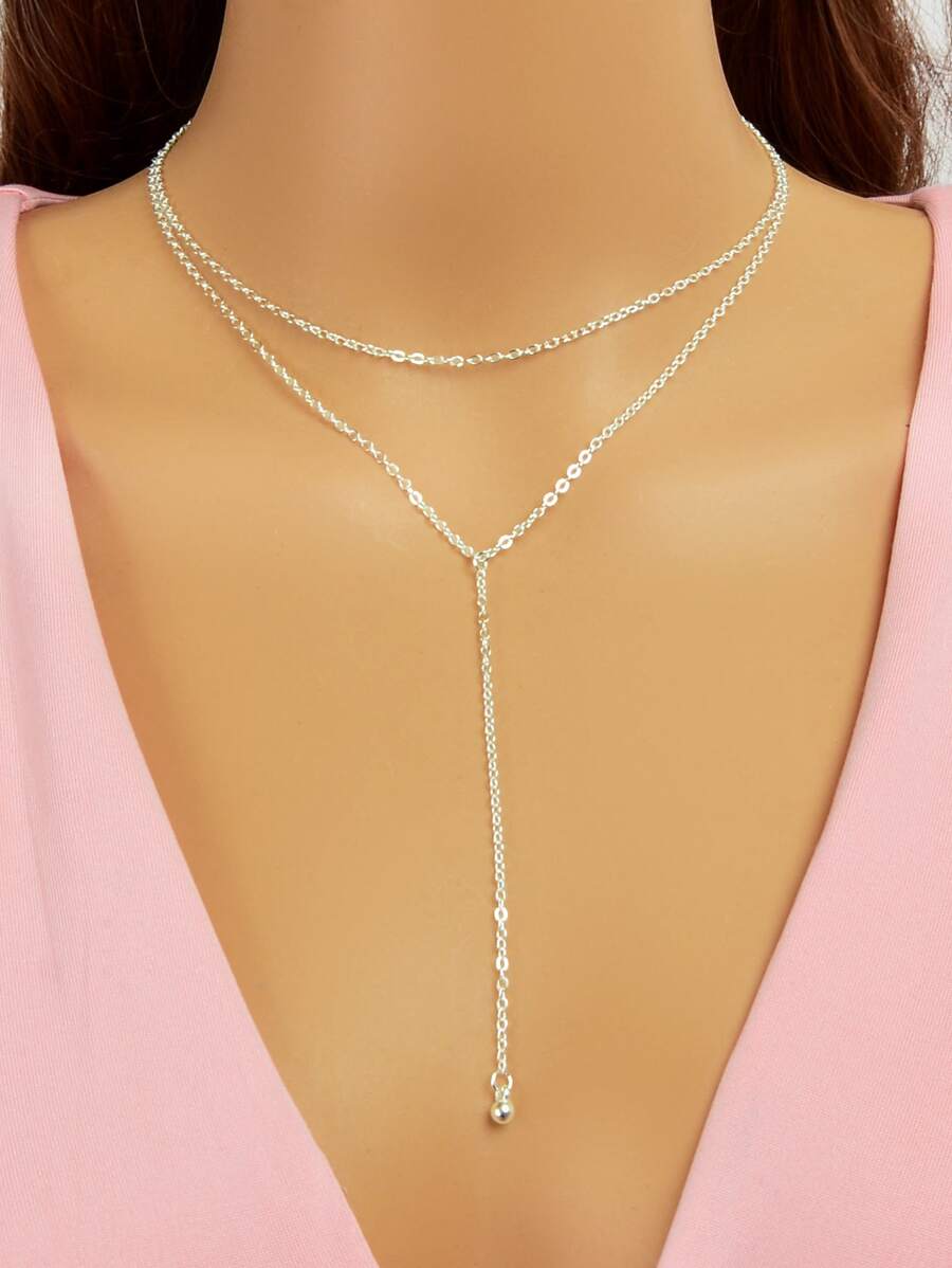 Chain Design Layered Necklace - Silver - View 1