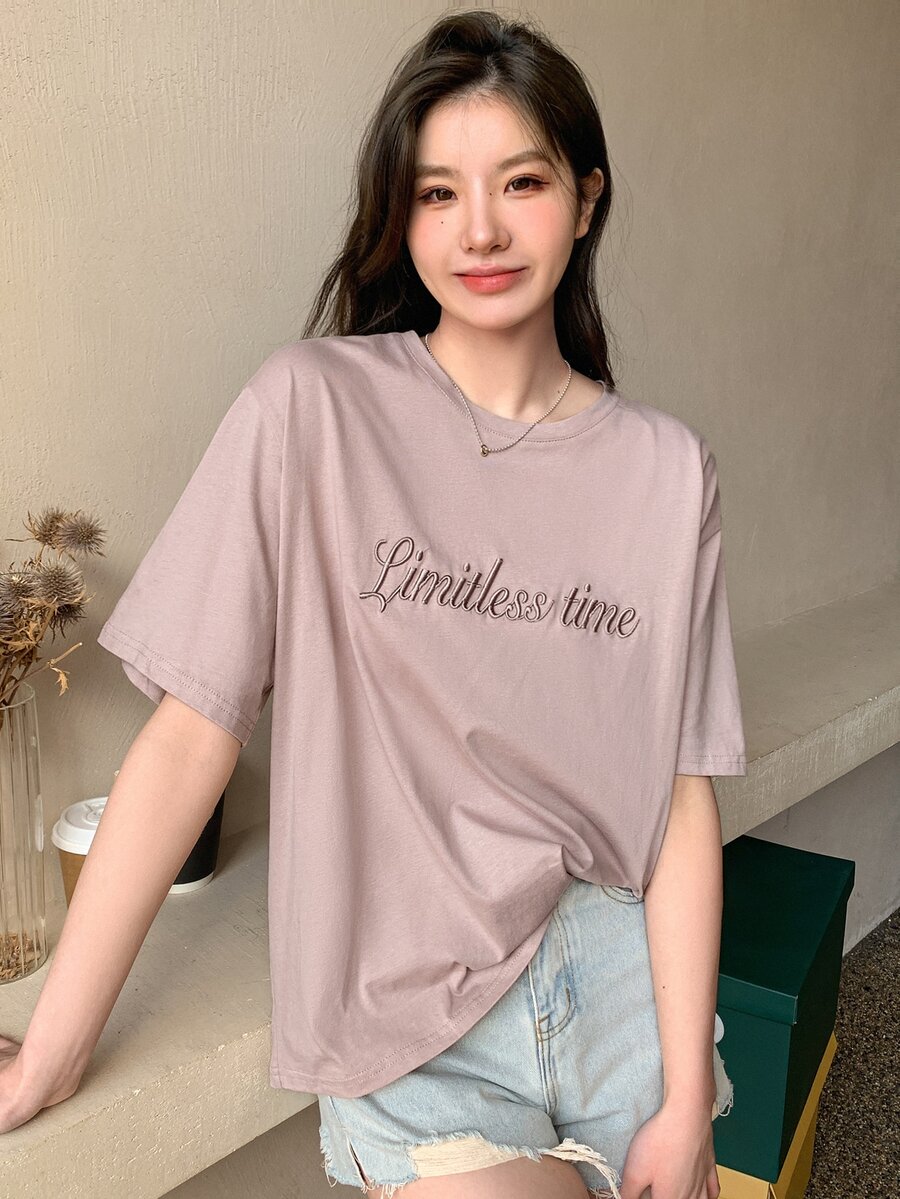 DAZY Camiseta de hombros caídos con bordado de letra - Rosa vieja - Ver 1