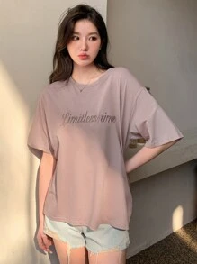 DAZY Camiseta de hombros caídos con bordado de letra - Rosa vieja - Ver 3