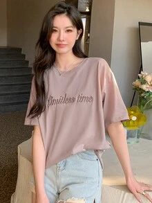 DAZY Camiseta de hombros caídos con bordado de letra - Rosa vieja - Ver 4