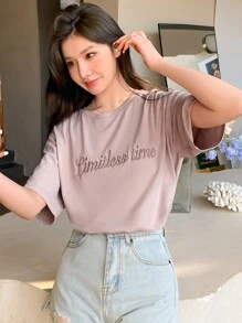 DAZY Camiseta de hombros caídos con bordado de letra - Rosa vieja - Ver 6