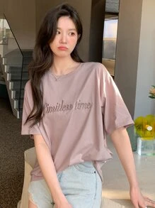 DAZY Camiseta de hombros caídos con bordado de letra - Rosa vieja - Ver 7