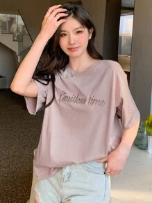 DAZY Camiseta de hombros caídos con bordado de letra - Rosa vieja - Ver 8